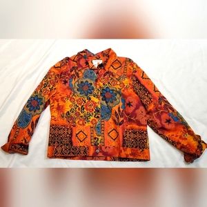 Coldwater Creek Gold Multi Longsleeve Buttondown, Embroidered Accents, Size L
